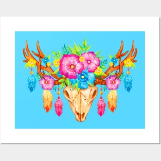 Feathers and Flowers Boho Skull Posters and Art